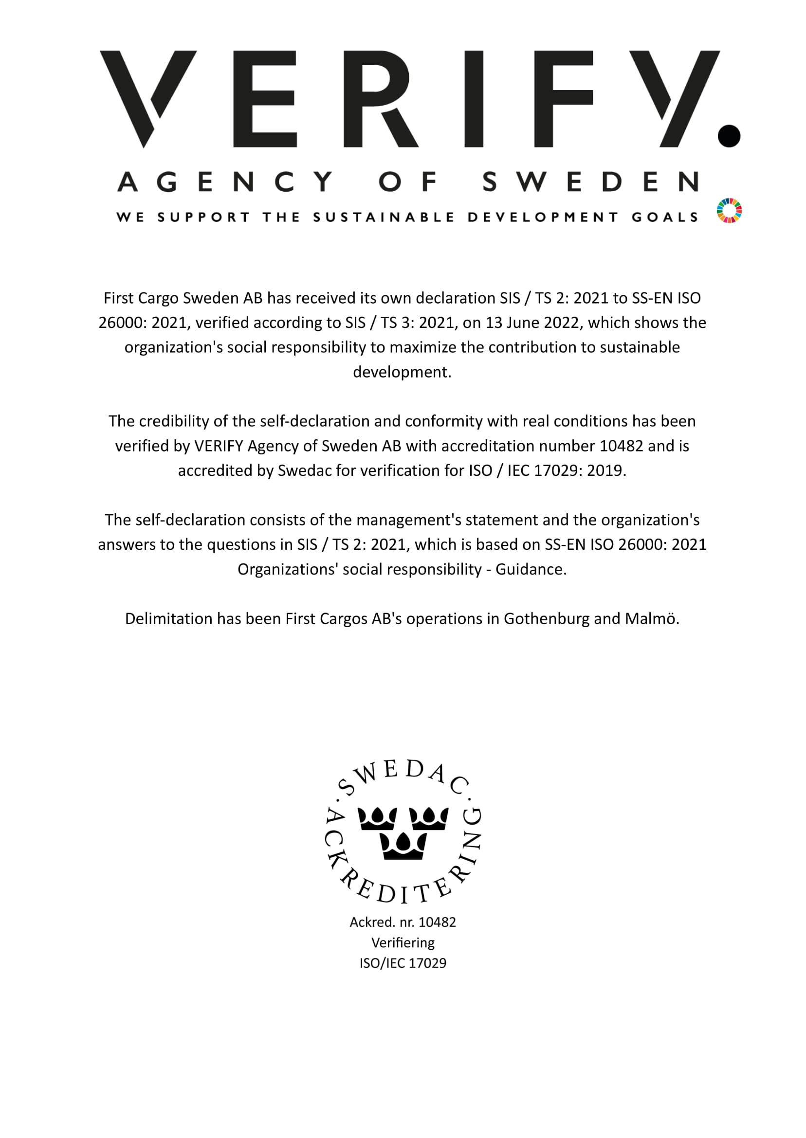 First Cargo Sweden AB has received its own declaration SIS / TS 2: 2021 to SS-EN ISO 26000: 2021,